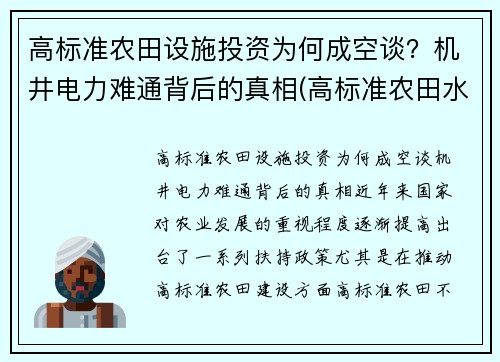 高标准农田设施投资为何成空谈？机井电力难通背后的真相(高标准农田水井造价)